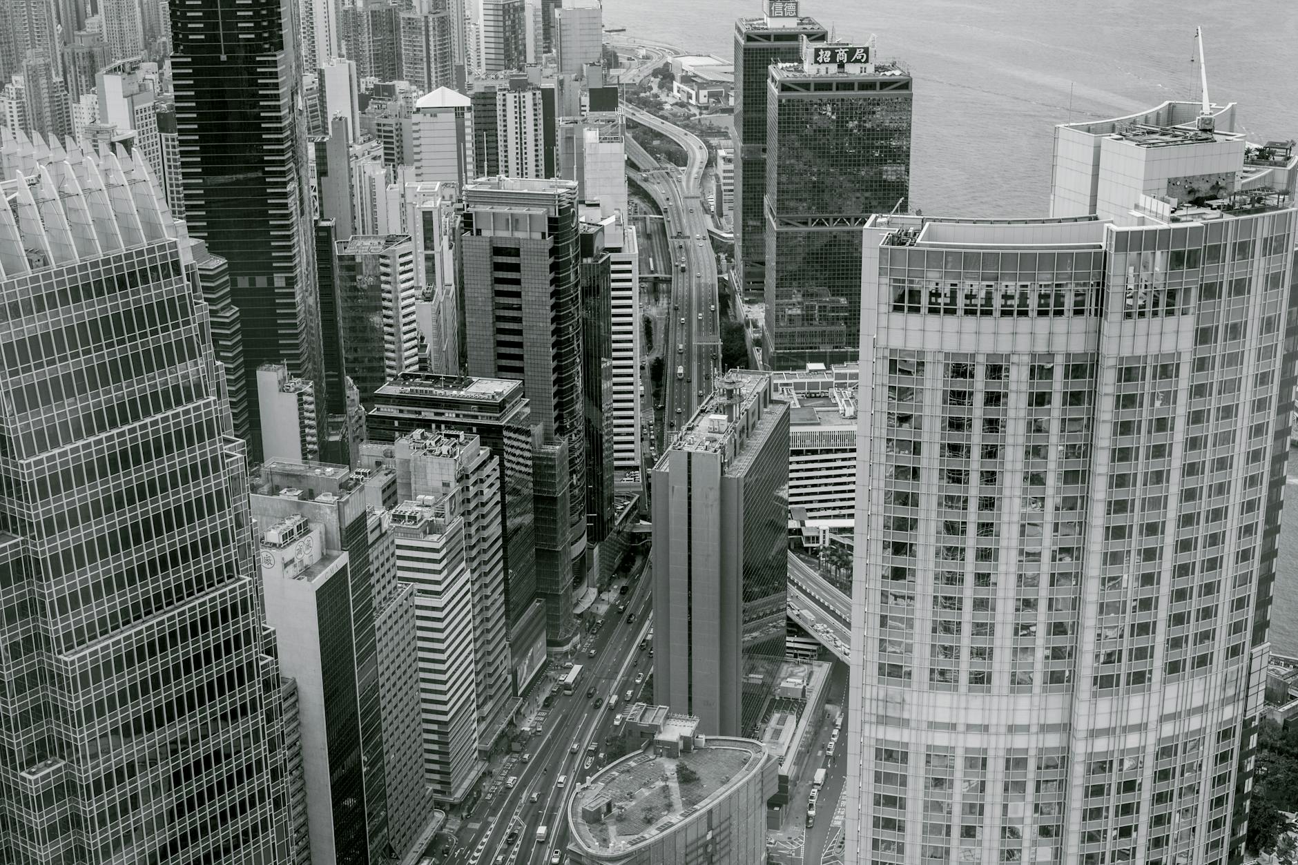 skyscrapers in black and white